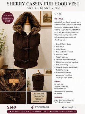 Vintage Sherry Cassin Rabbit Fur Lined Hooded Vest Real Fur Trim Brown Size XS